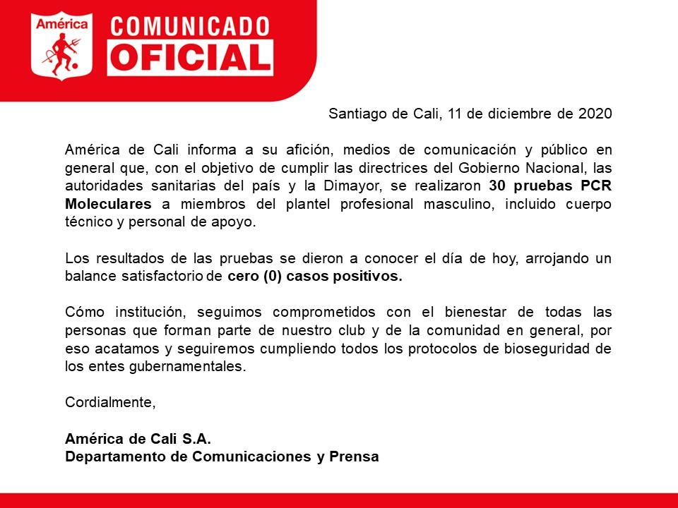 Comunicado del América de Cali. 