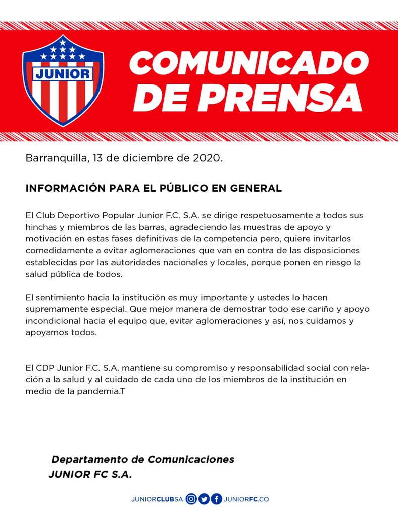 Comunicado de Junior. 