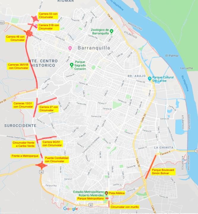 En amarillo, los lugares donde más ataques sufre el alumbrado público de Barranquilla