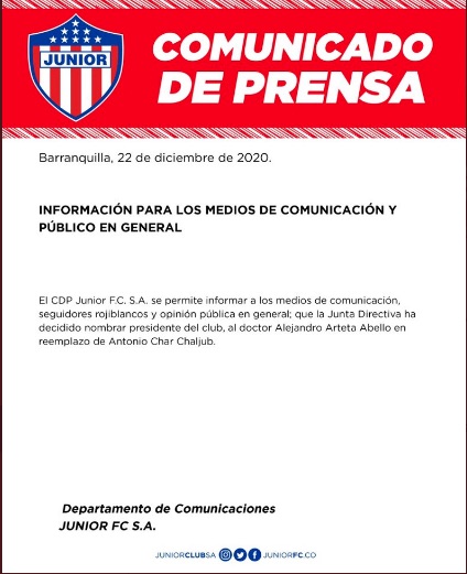 Comunicado del Junior.