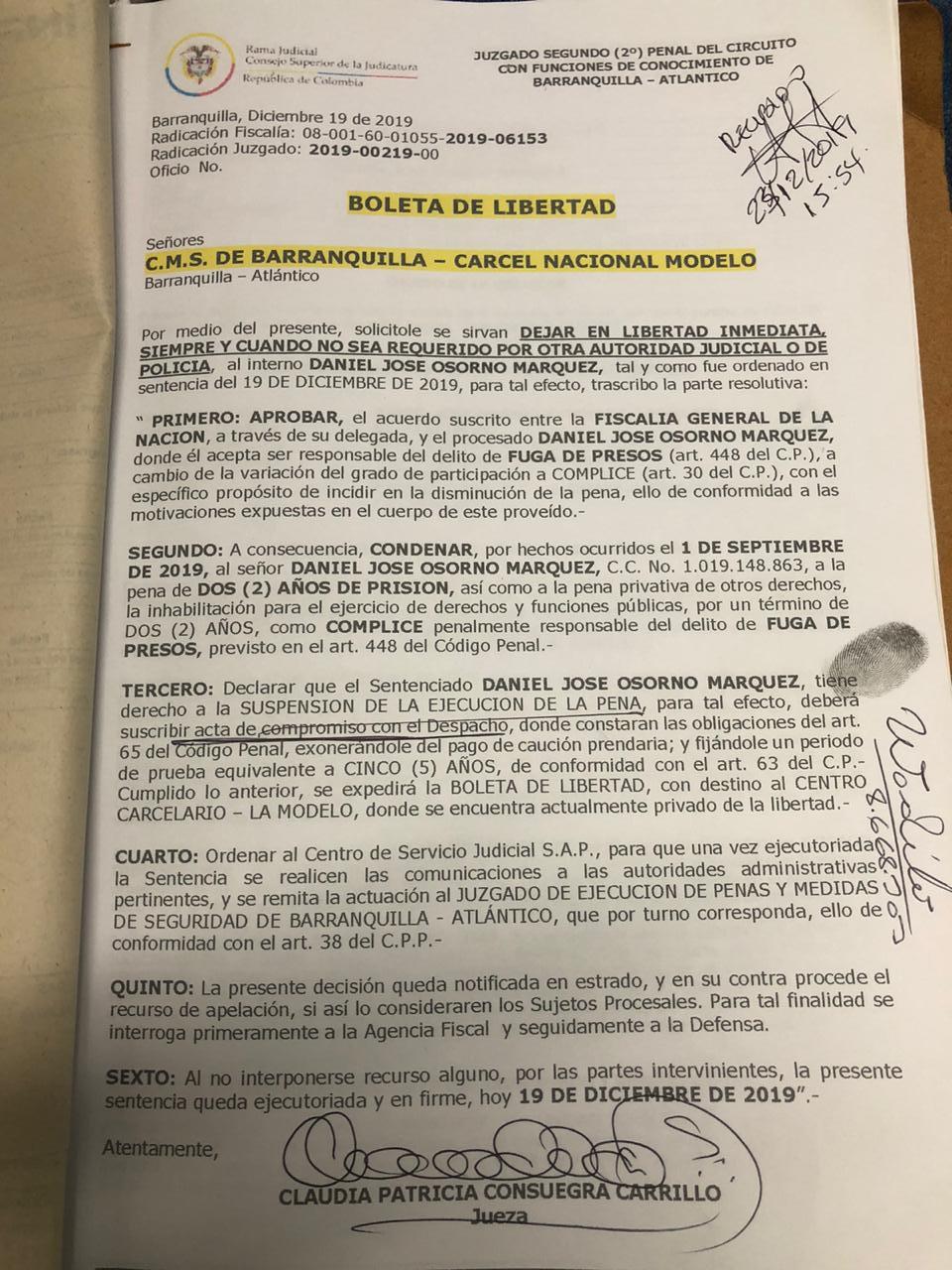 La boleta de libertad de Daniel Osorno Márquez, alias 'El Pupileto'.