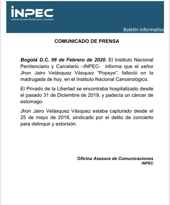 El comunicado del Inpec sobre la muerte de 'Popeye'.