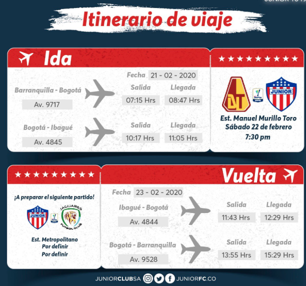 El itinerario de Junior para el duelo con Tolima.