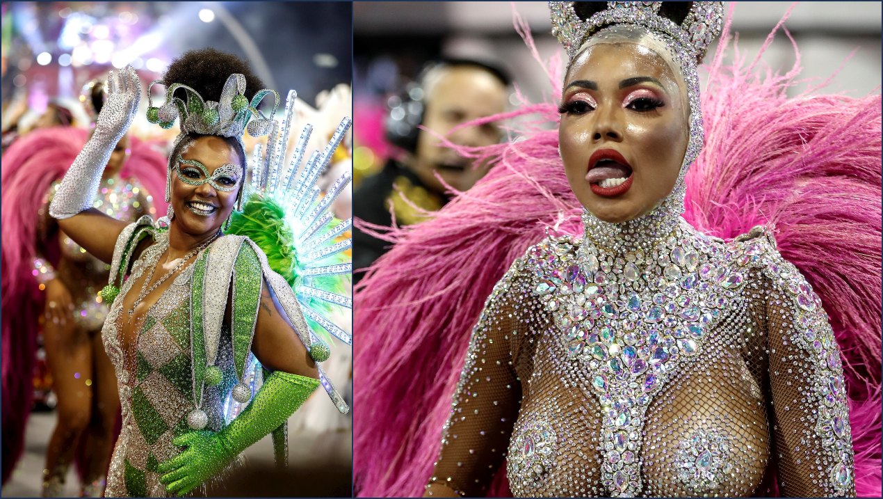 Integrantes de la escuela de samba del Grupo Especial Tom Maior se presentan hoy, sábado en la celebración del carnaval en el sambódromo de Anhembí en Sao Paulo (Brasil).