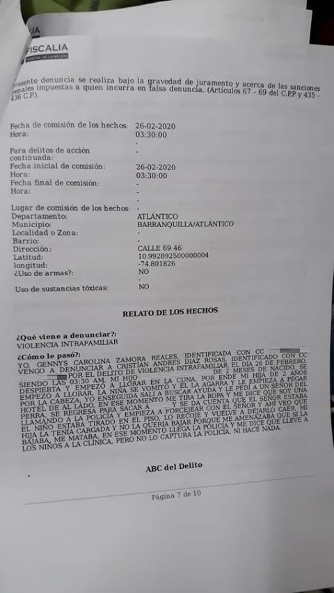Cortesía La denuncia que instauró Gennys Carolina Zamora Reales.