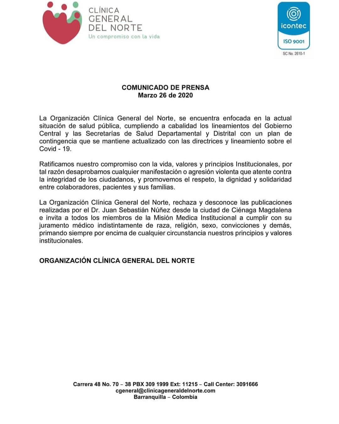 Este es el comunicado de la Organización Clínica General del Norte.