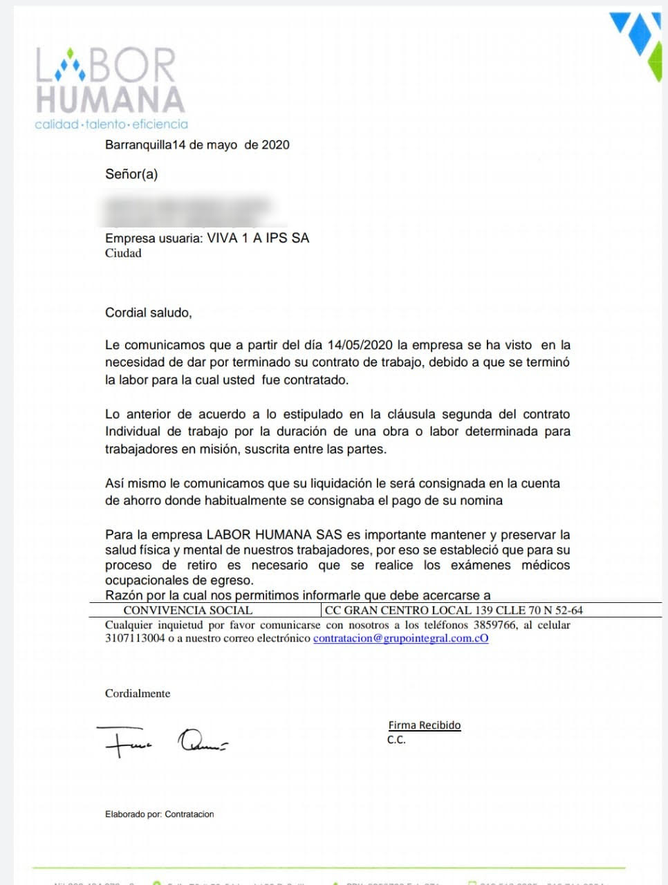 Carta de terminación de contrato.