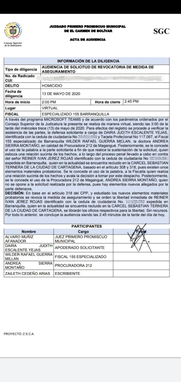 Acta de la audiencia virtual en donde se ordena la libertad de Reiner Iván Jerez Rojas