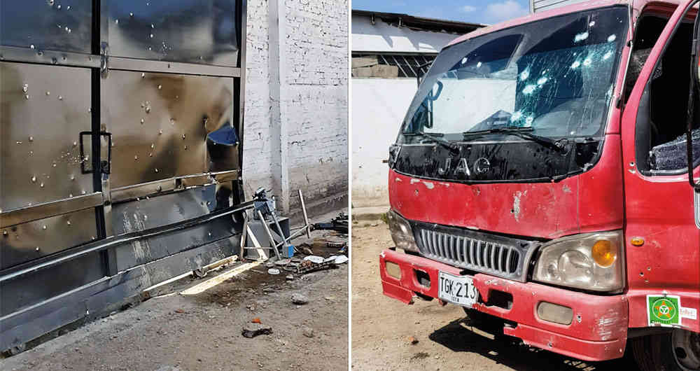 Esta es una de las salidas del penal que embistió un grupo de internos al tomar el camión de transporte de alimentos para tratar de escapar. Se observan más de 50 impactos de bala en la puerta. El furgón robado por los detenidos quedó con más de 20 impactos. 