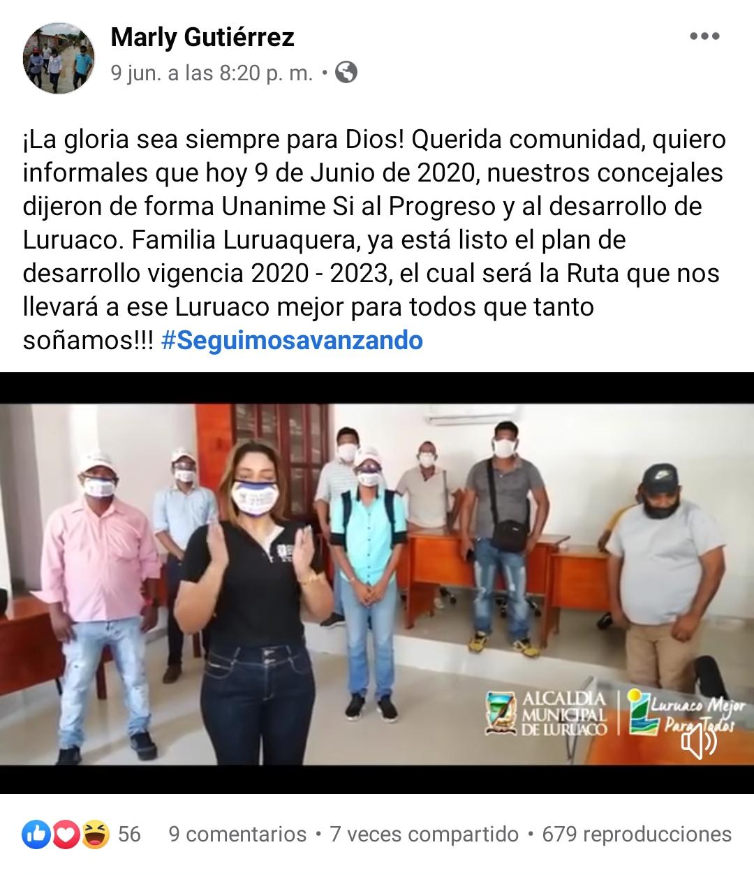 Facebook Alcaldesa de Luruaco, en el Concejo.