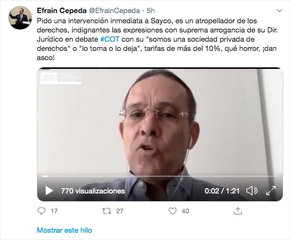 Trino del Senador Efrain Cepeda cuestionando a Sayco.