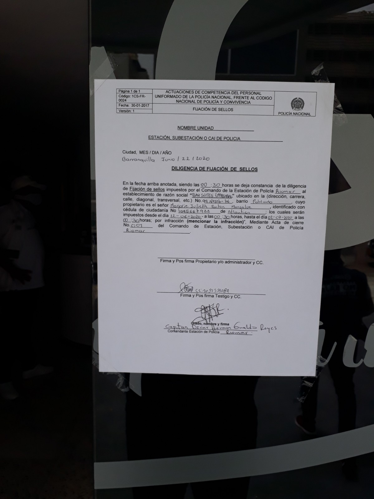El documento que confirma el comparendo a la administradora y el cerramiento del sitio.