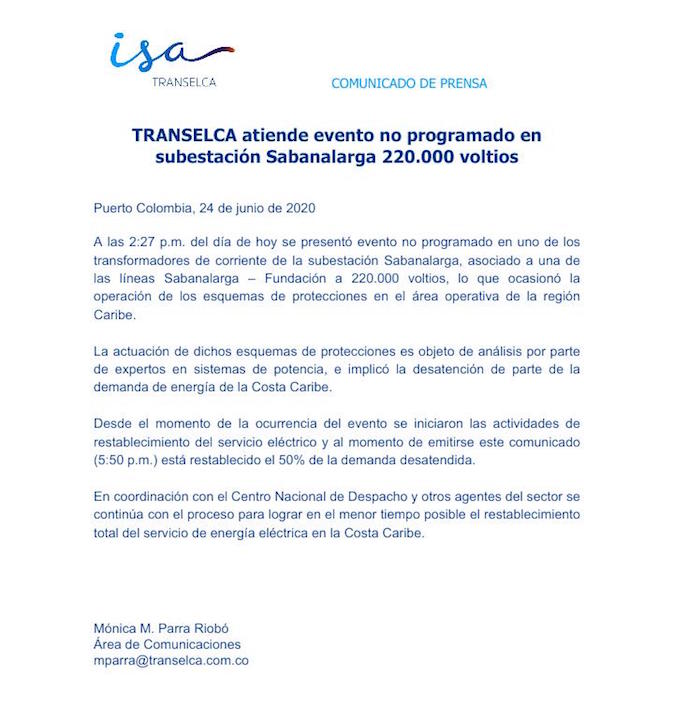 Comunicado de Transelca.