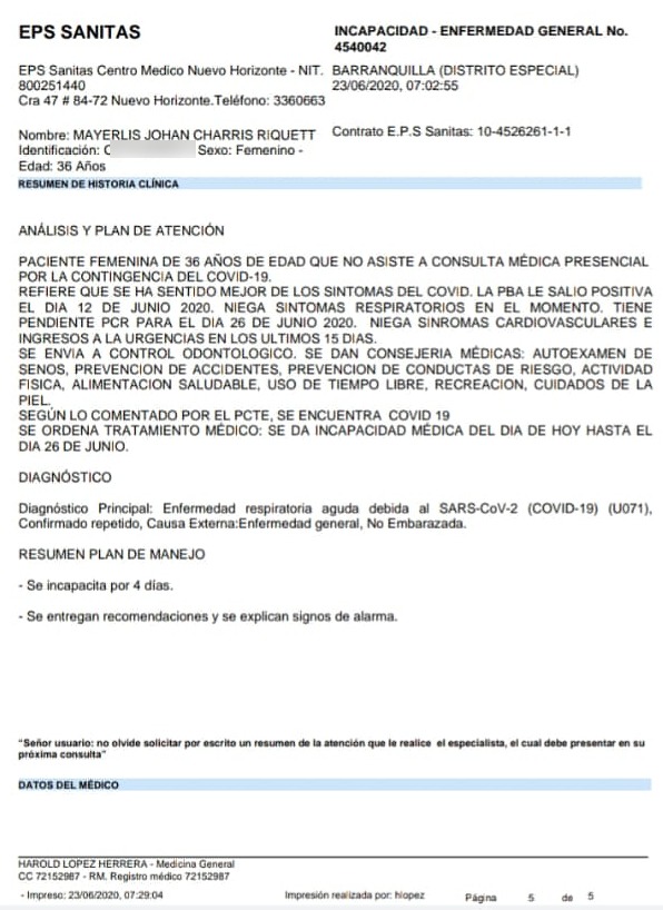 La incapacidad de Mayerlis Charris Riquett, en la EPS Sanitas.