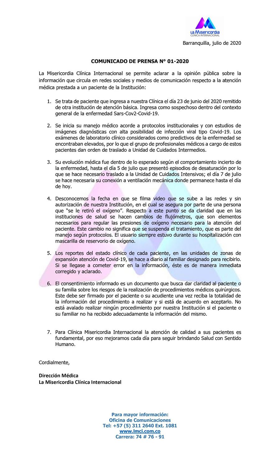 Comunicado de prensa Clínica Misericordia Internacional