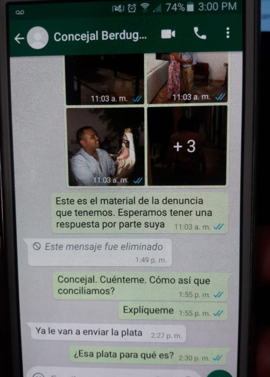 Aquí se observa como el Concejal Antonio Carlos Berdugo Ospino borró su mensaje de "Ajá dígame cómo...Conciliamos".