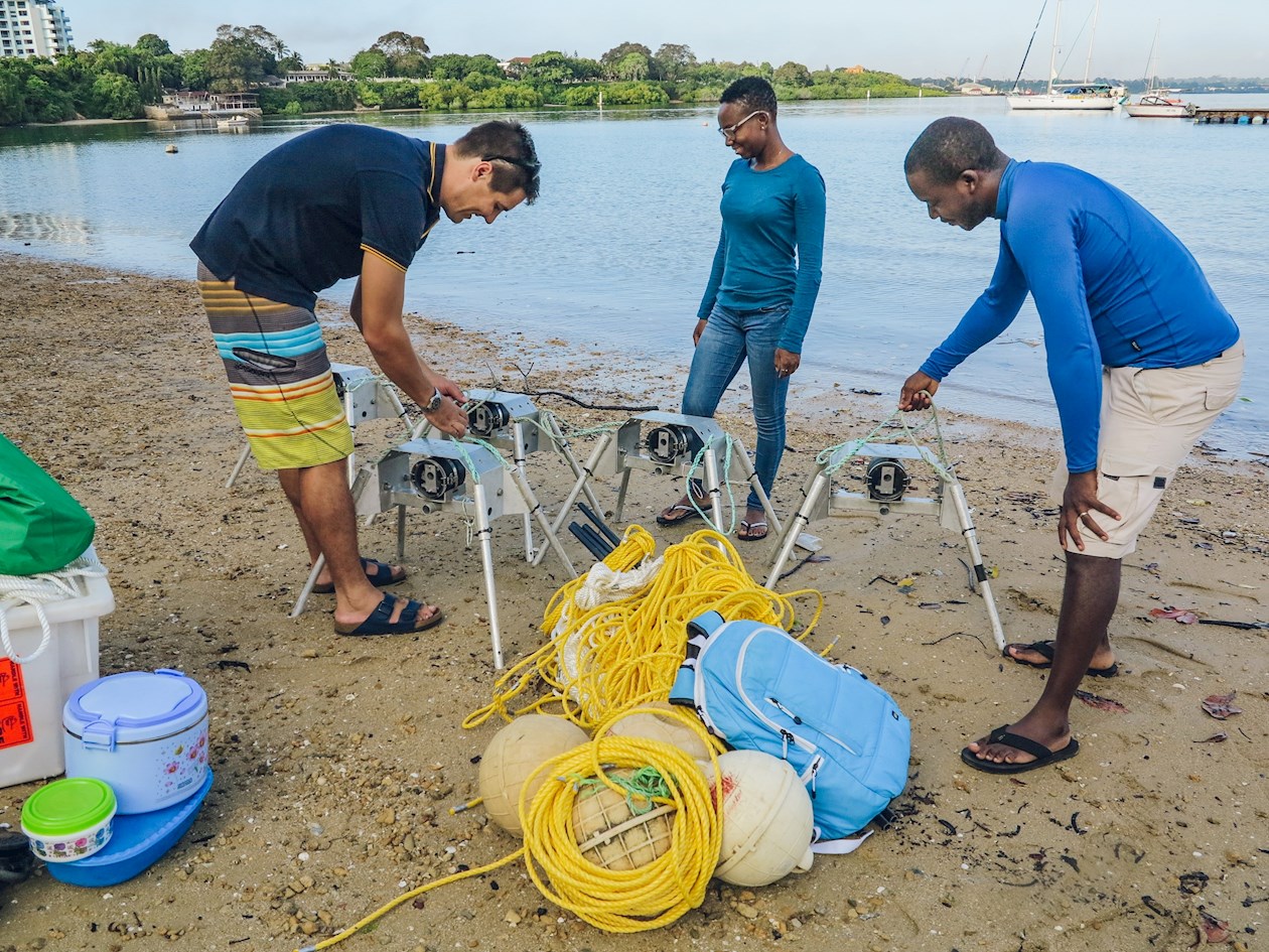 Fotografía de 2017 cedida por Wildlife Conservation Society donde aparecen unas personas revisando las estaciones submarinas de vídeo a control remoto (BRUVS) en una playa de Kenia, África. 