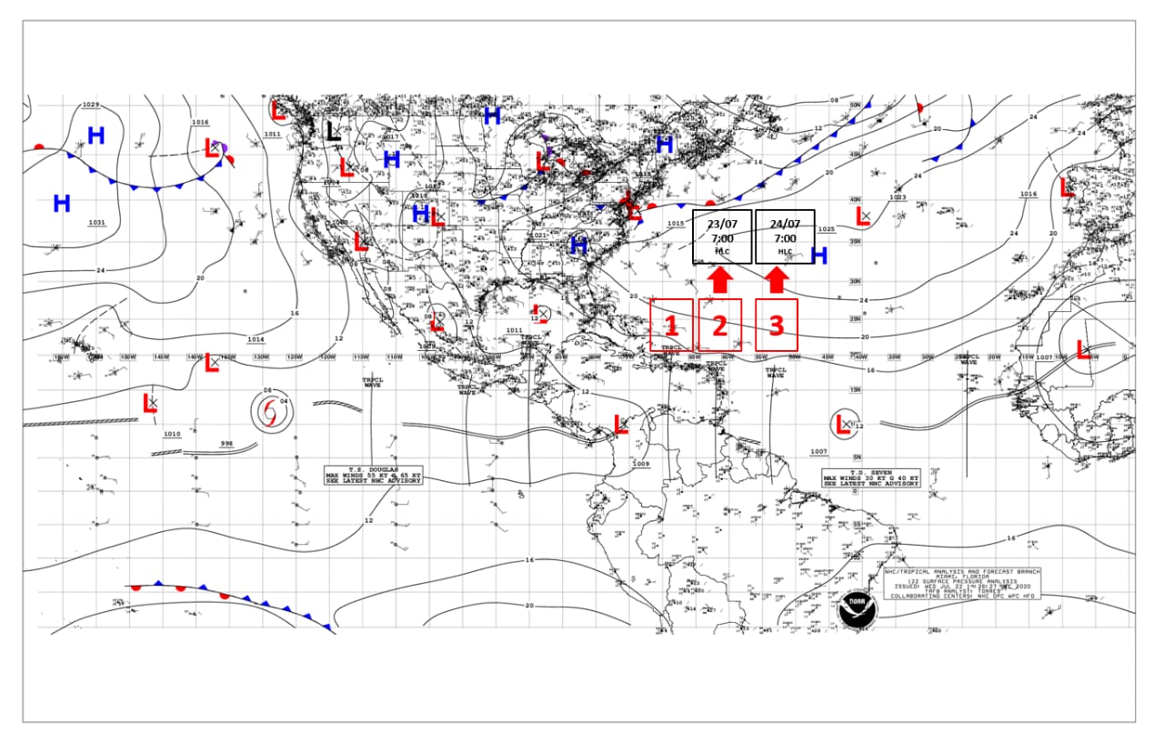 Trayectoria de las tres ondas tropicales.