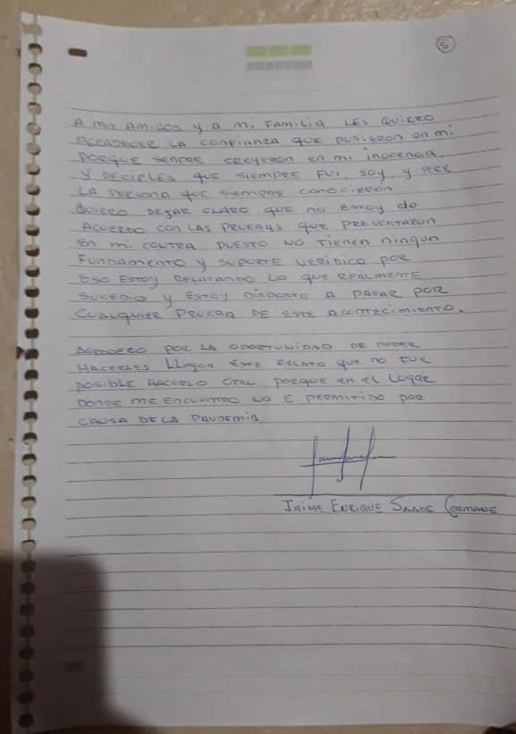 Final de la carta de Jaime Saade Cormane.