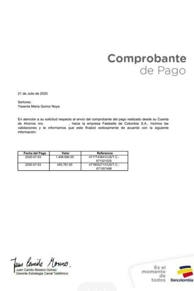 El comprobante de pago que recibió la usuaria.