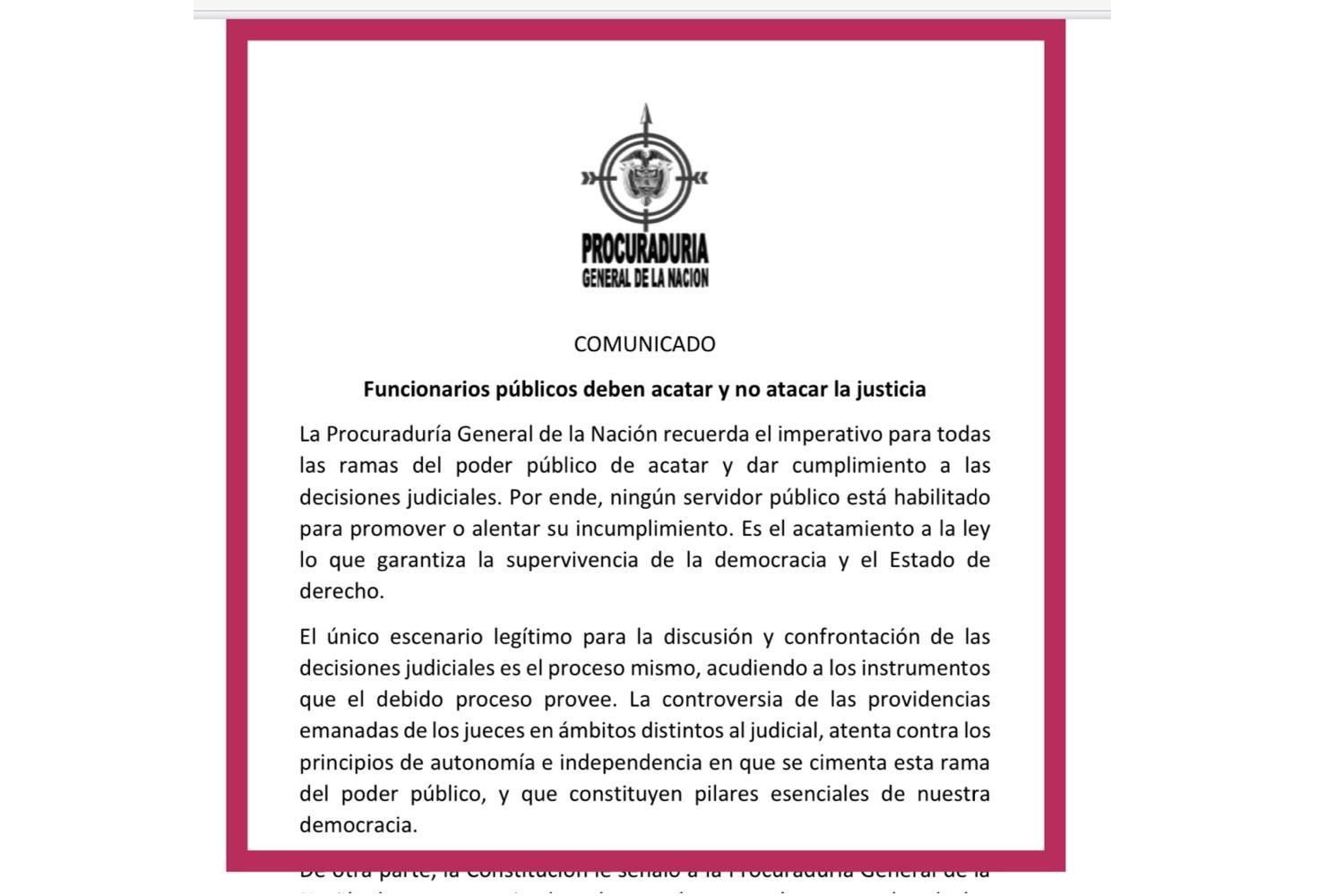 Comunicado divulgado por la Procuraduría General.