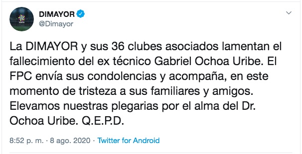 Mensaje de condolencias de la Dimayor.