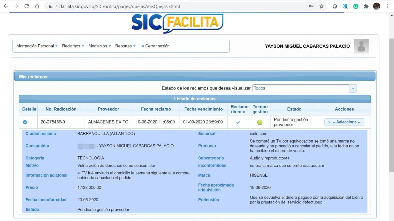 Este es el radicado del reclamo que realizó Yayson ante la Superintendencia de Industria y Comercio.