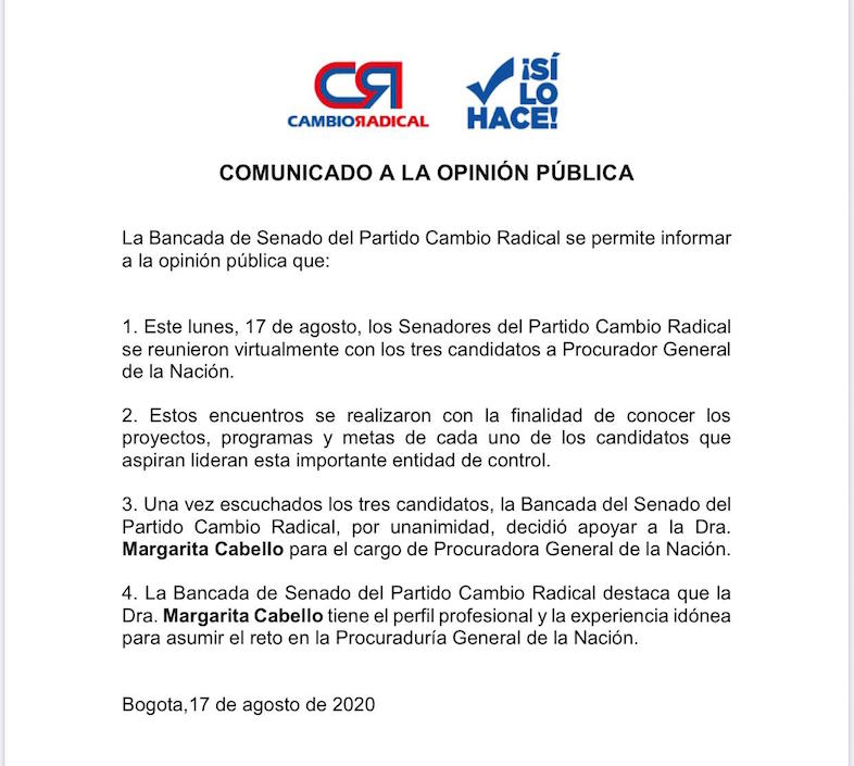 Comunicado de Cambio Radical.