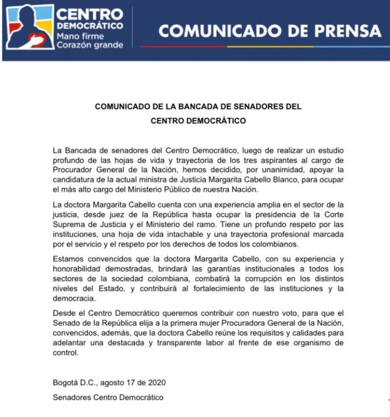 Comunicado del Centro Democrático.