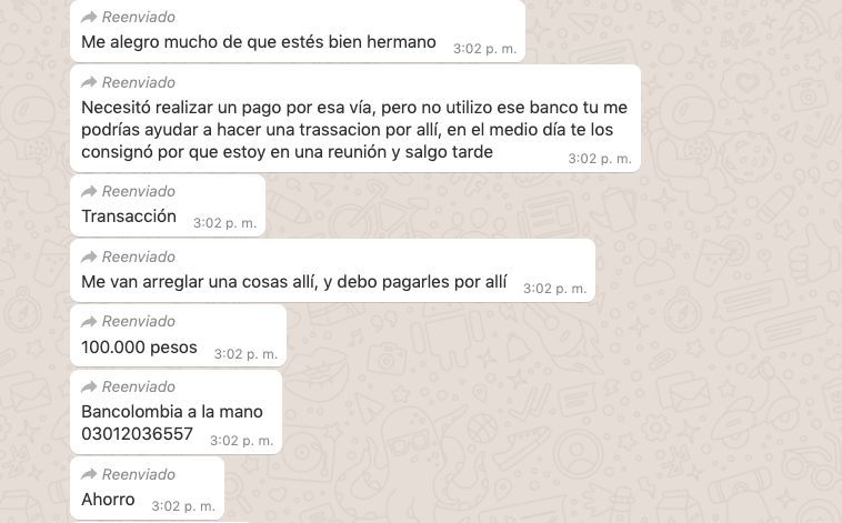 La conversación entre el delincuente y el integrante que realizó las dos transferencias.