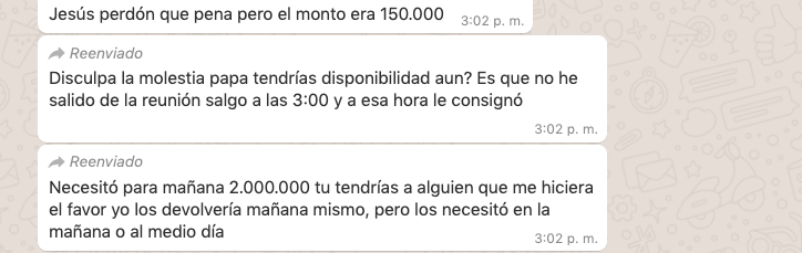 La conversación entre el delincuente y el integrante que realizó las dos transferencias.