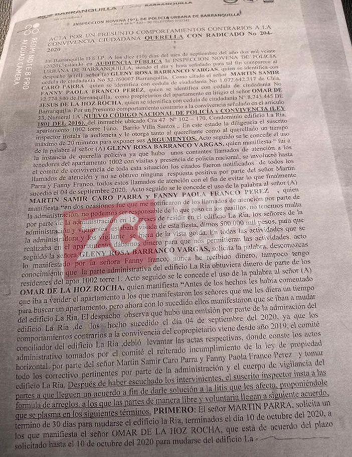 Acta firmada ante el Inspector Noveno, por parte de los involucrados.