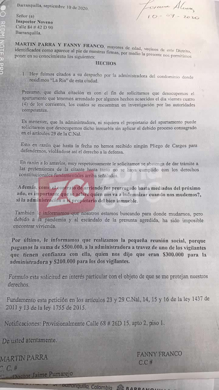 Comunicado de Martín Caro Parra y Fanny Franco.