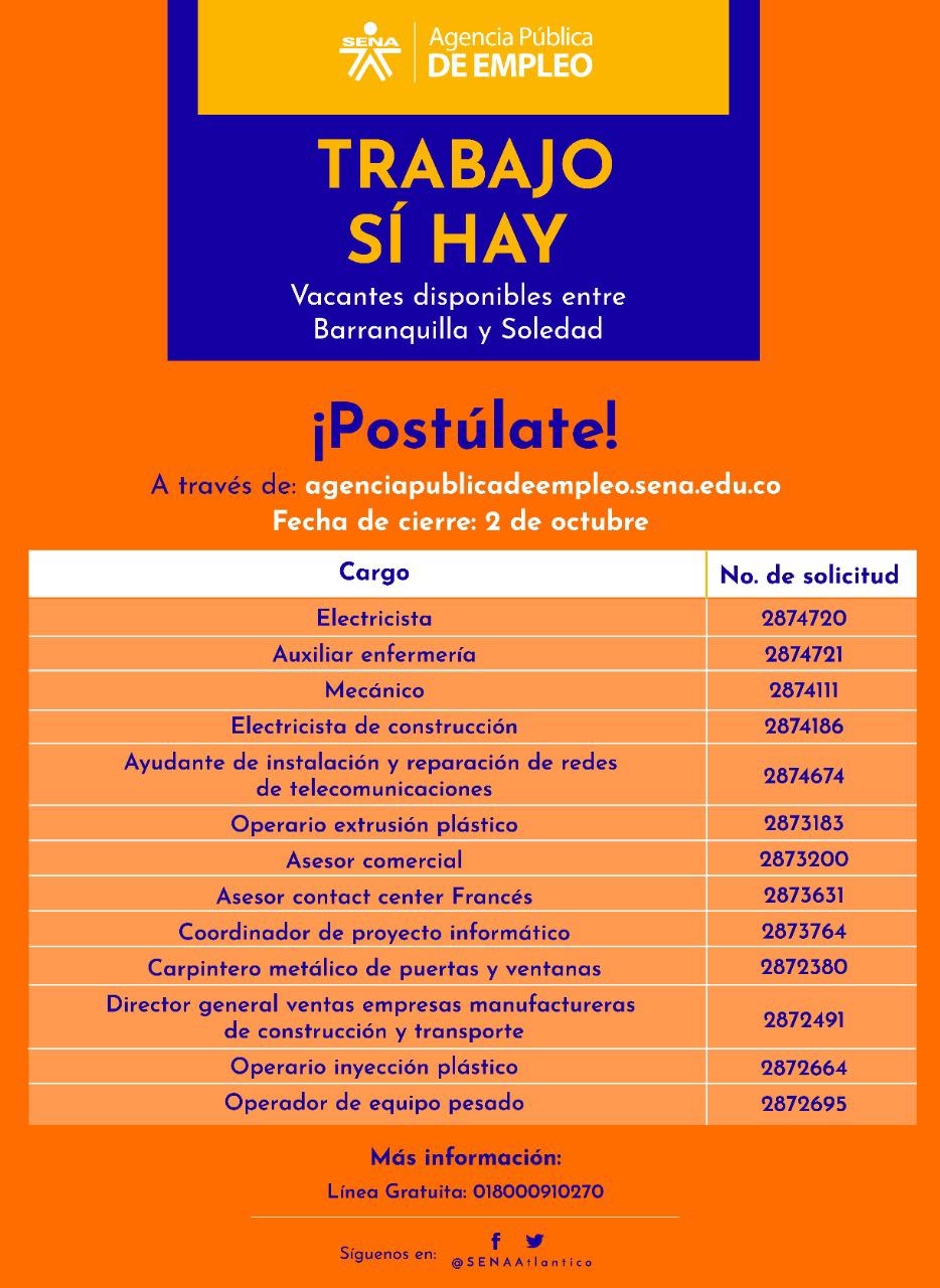 Vacantes del Sena entre  Barranquilla y Soledad