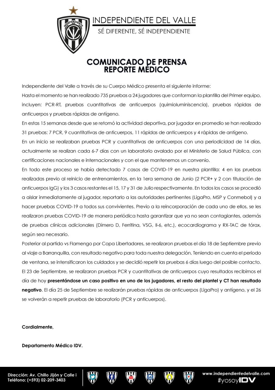 Comunicado del Independiente del Valle. 