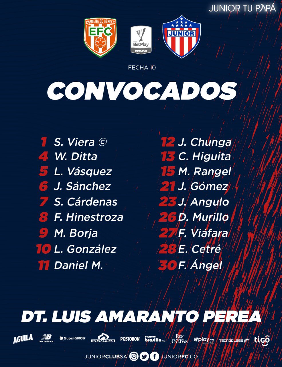 Convocados de Junior para el duelo ante Envigado FC. 