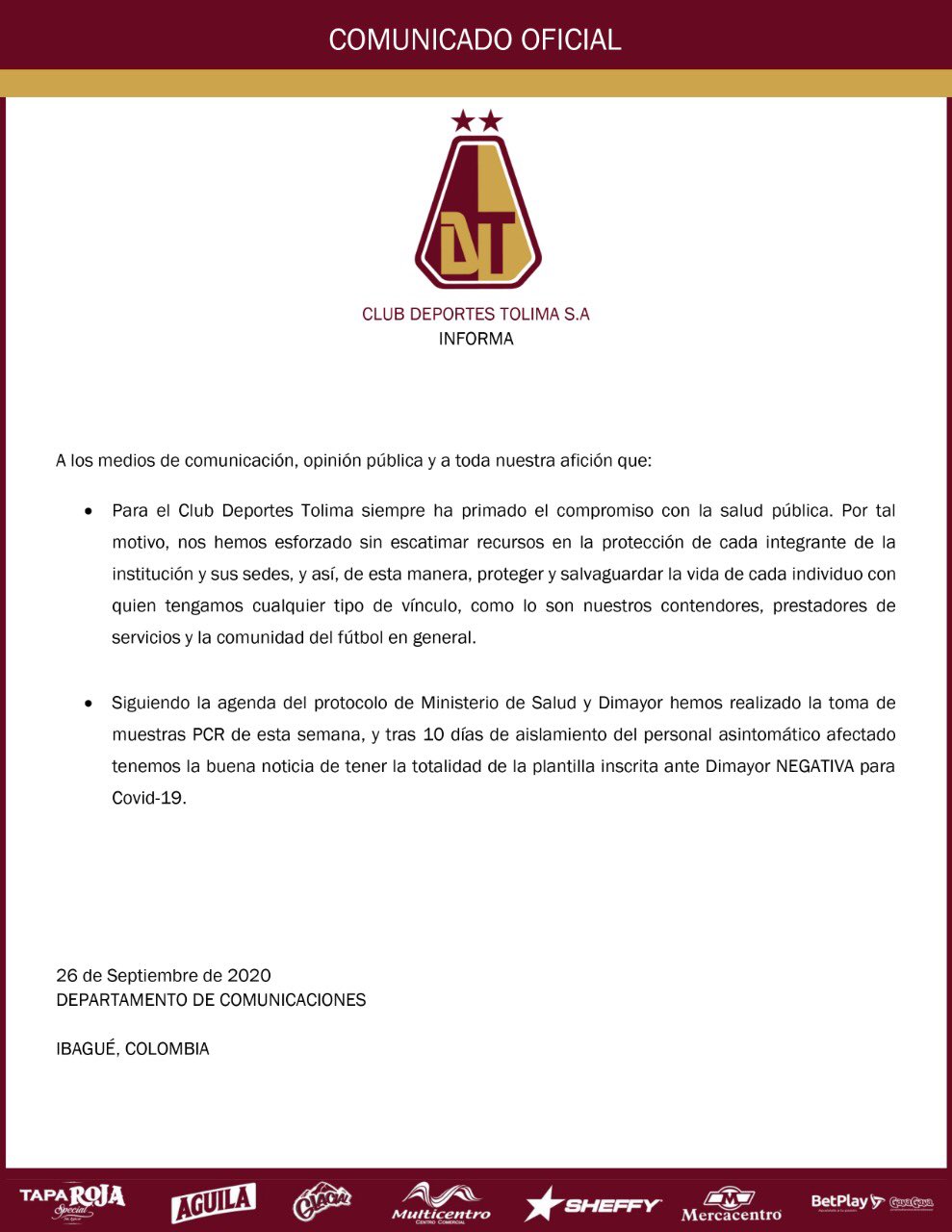 Comunicado del Deportes Tolima. 