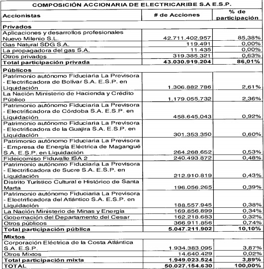 Componente accionario según el último informe anual publicado.