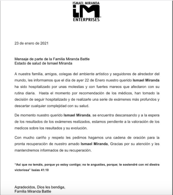 Comunicado de la familia de Ismael Miranda.