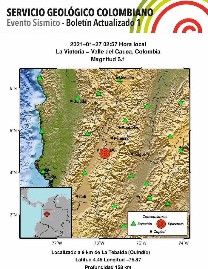 Sismo en Colombia con epicentro en La Victoria, Valle del Cauca.