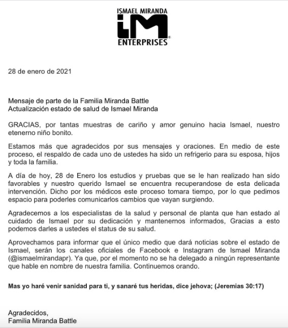 Comunicado de la familia de Ismael Miranda.