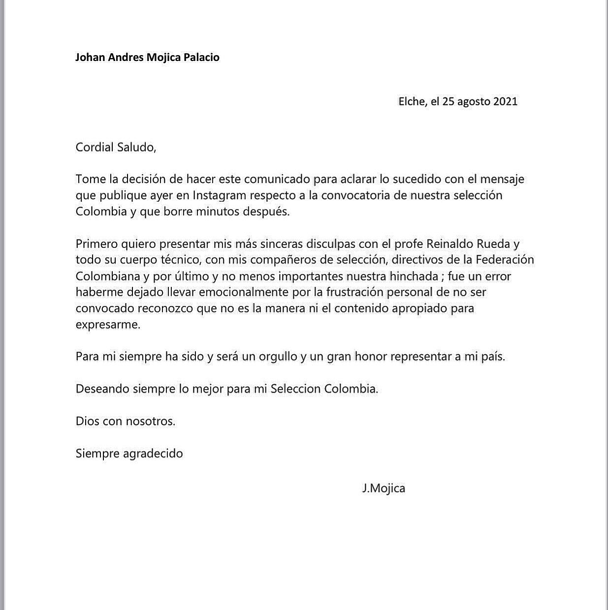 Carta de disculpas. 