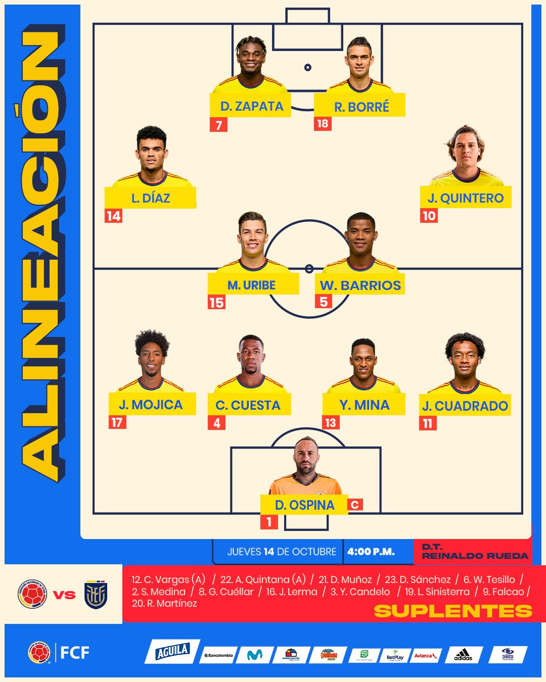Nómina inicialista de Colombia Vs. Ecuador.