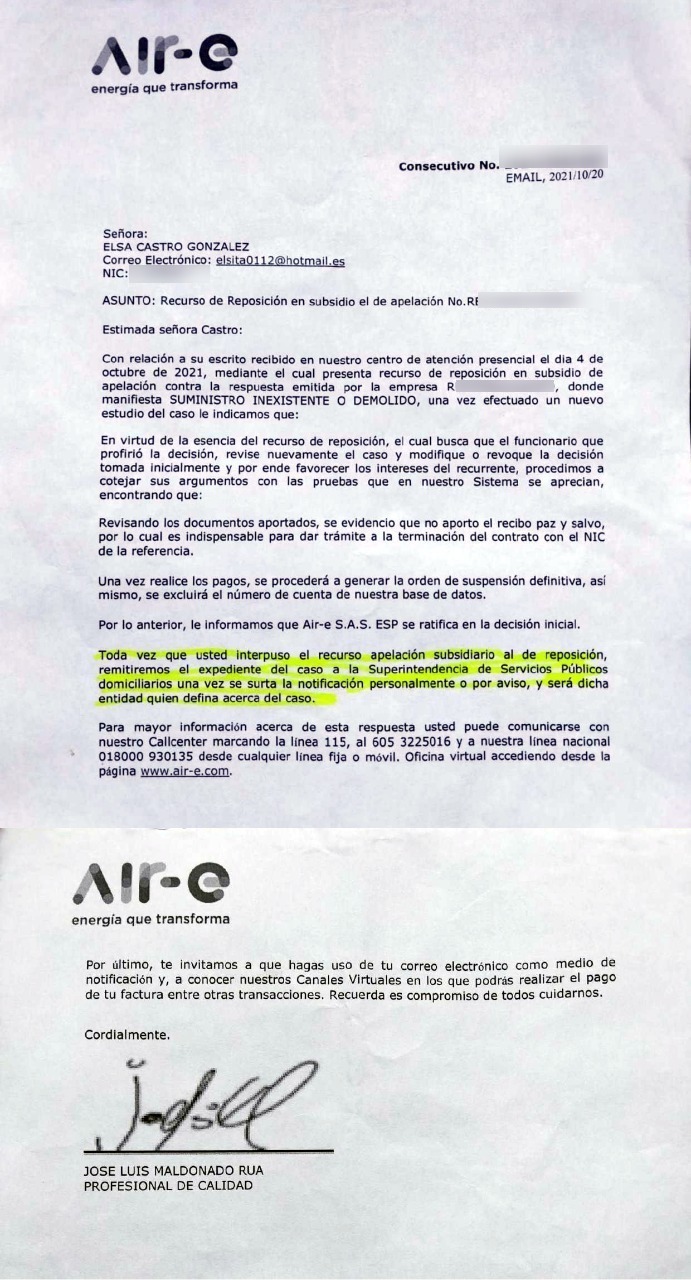 Respuesta de Air-e a Elsa Castro.