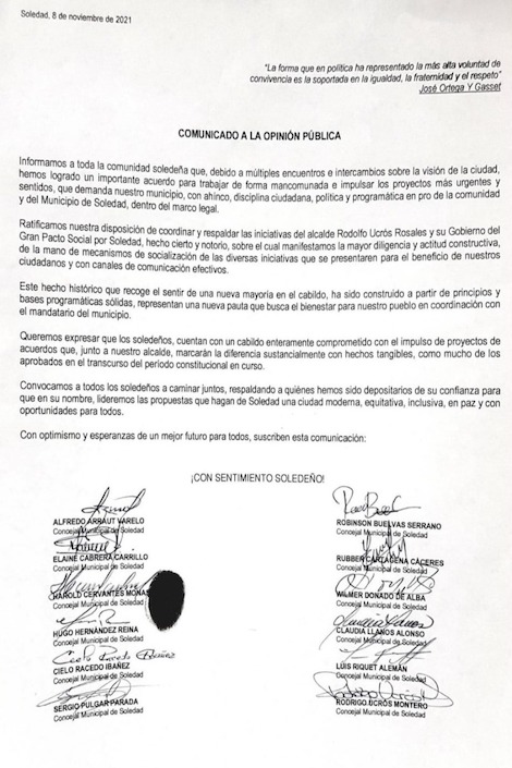 El comunicado de la nueva coalición.