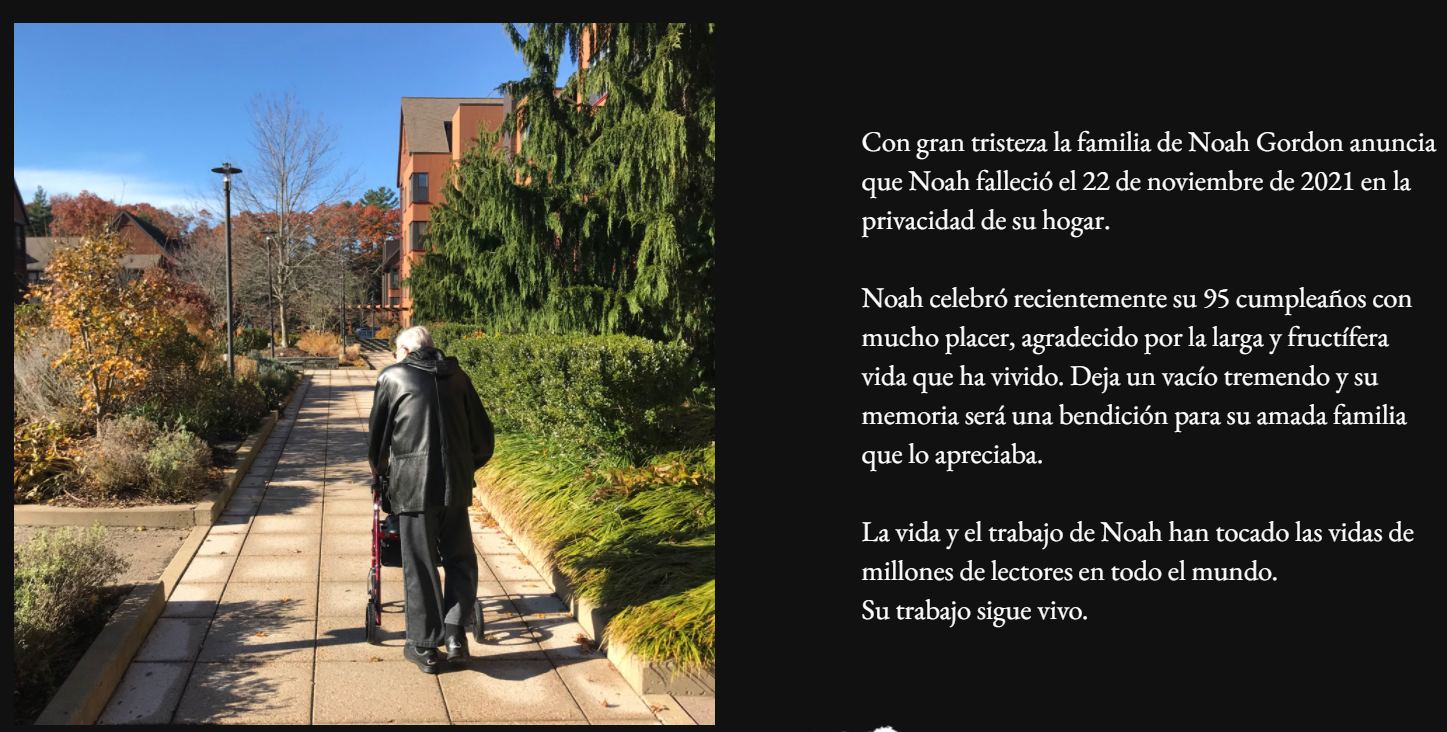 Noah Gordon murió a los 95 años, anunció su p{agina web.