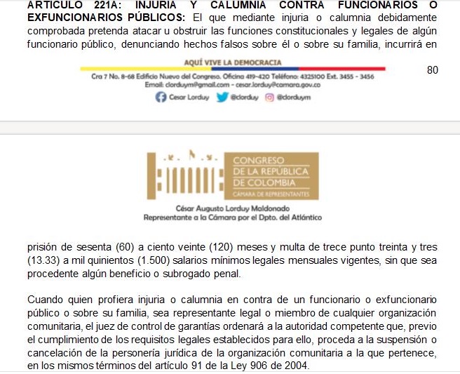 El artículo incluido en la ponencia radicada por el Representante César Lorduy.