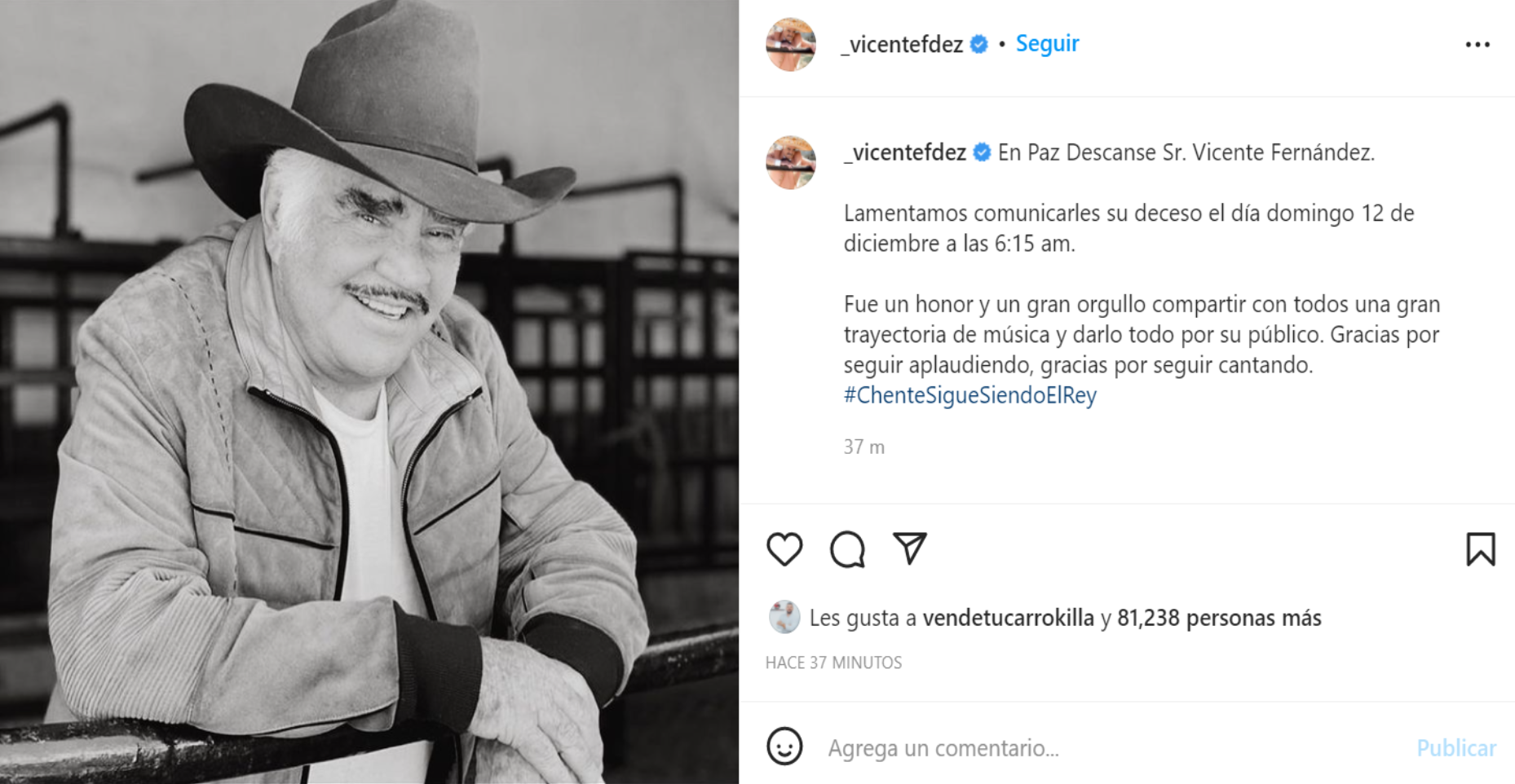 Instagram Comunicado sobre la muerte de Vicente Fernández.