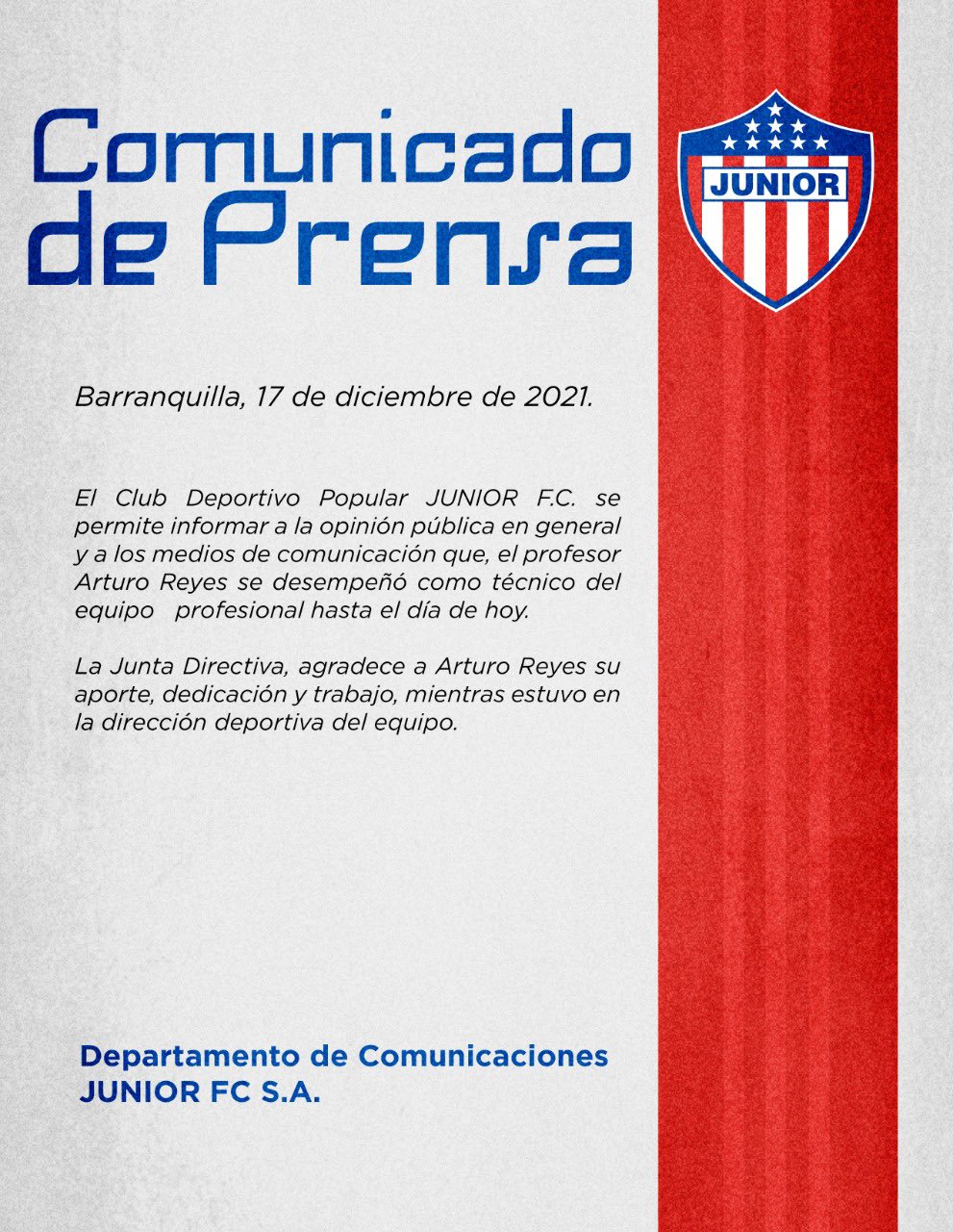 Comunicado de Junior. 