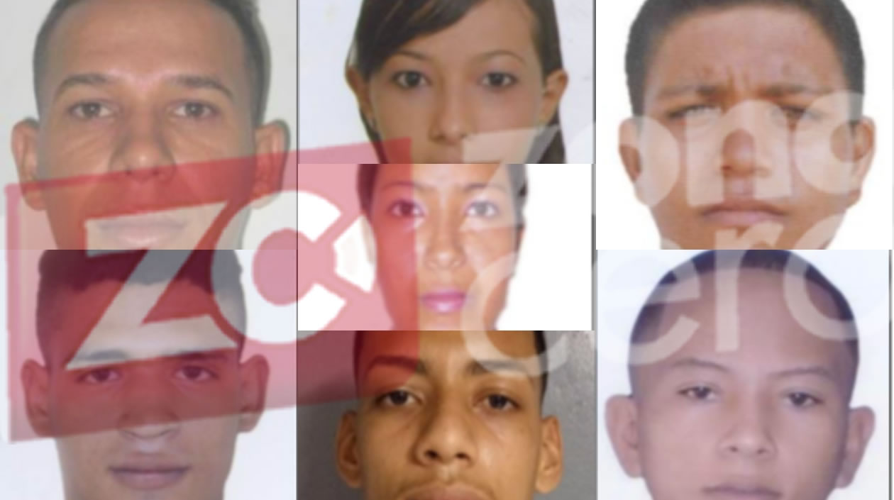 Ricardo José Vélez Cantilo, alias 'El Mello'; Lorena Paola González Sevilla, alias 'Paola'; Kevin Enrique Martínez Donado, alias 'Kevin'; Andrés Felipe Sánchez Cañate, alias 'Cara de Palo'; Dayanis Stephanie Zambrano Sarmiento; Yeremi David Colmenarez Colmenarez (centro inferior) y Dilan Alexander Rodríguez Cotes, alias 'El Mentol', presuntos integrantes de la banda 'Los Costeños K'.  